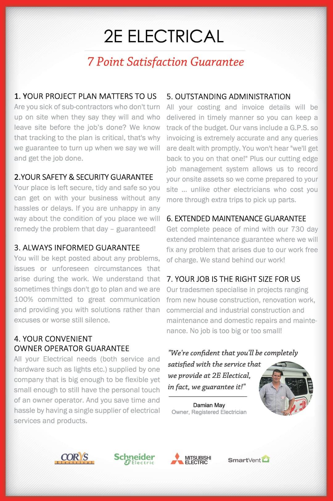 2E Electrical's 7 Point Guarantee document outlining their commitment to quality and reliability